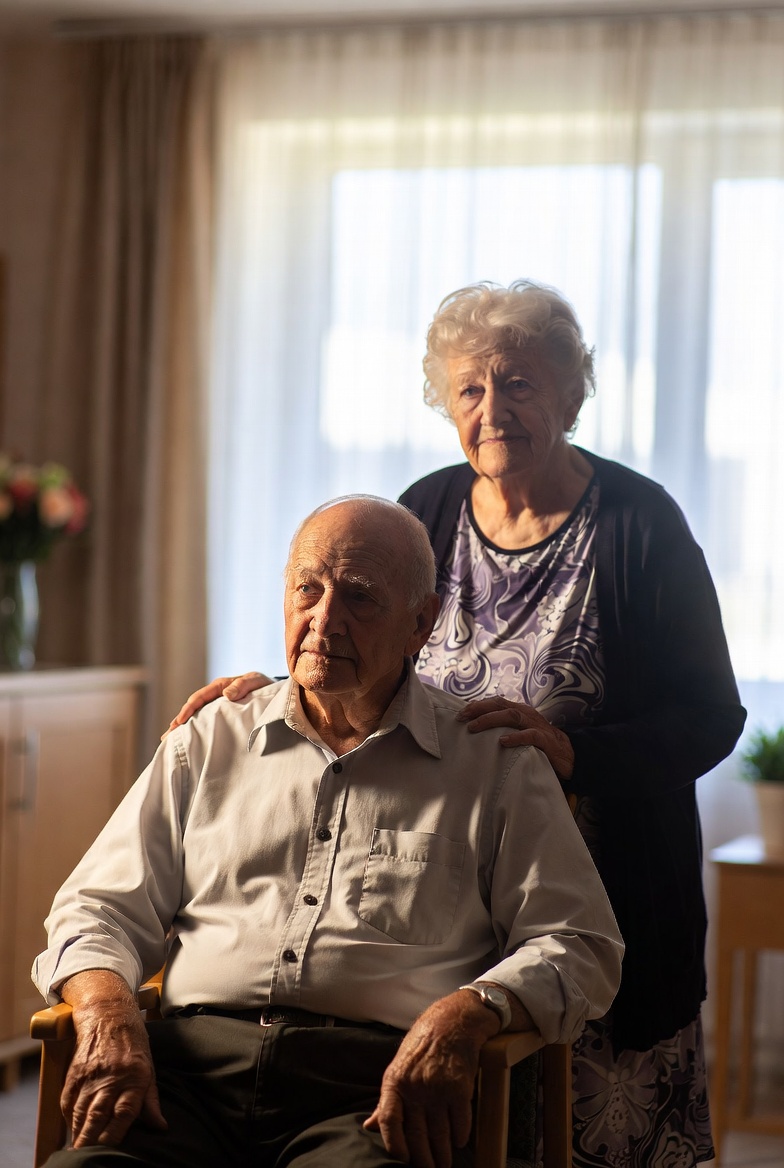 Senior couple enjoying outdoor patio at Countryside Villa senior living Gilroy