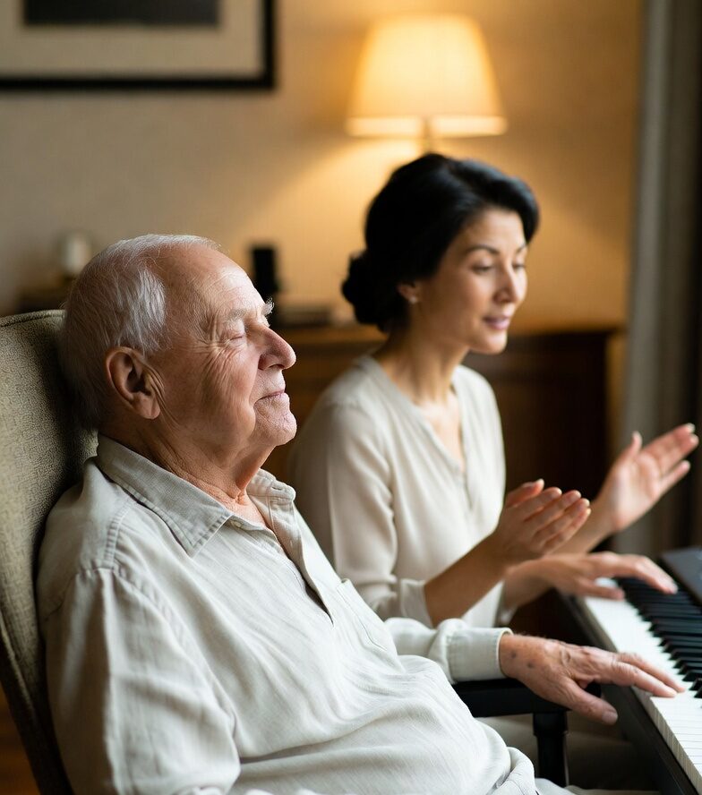 Memory care resident enjoying music therapy with a caregiver.