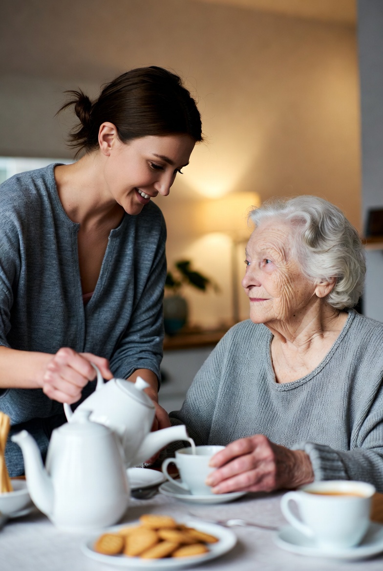 Respite care caregiver helping a senior with a light daily activity like having tea.