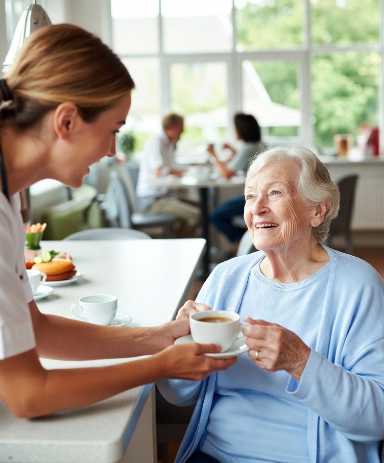Compassionate caregiver gently assisting a senior with a light daily activity like enjoying tea or a meal — warm, friendly interaction in a cozy assisted living setting