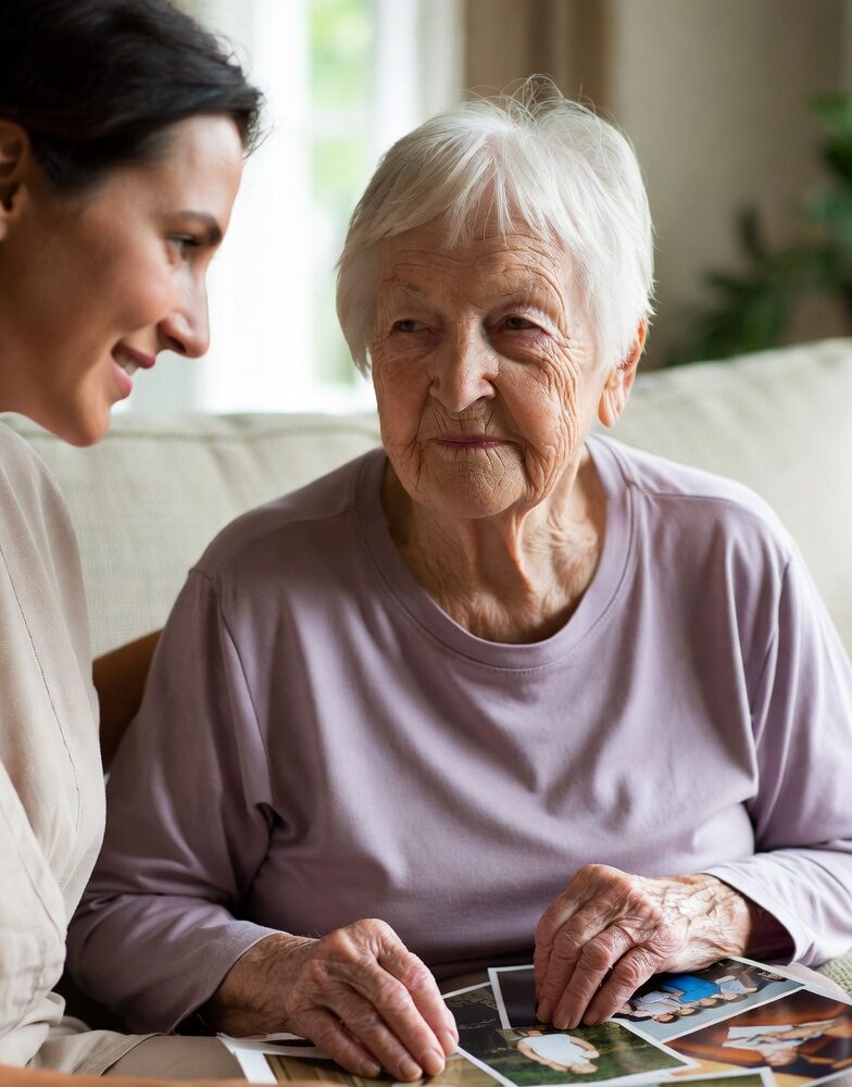 Caregiver helping an elderly resident with a daily routine in a supportive way.