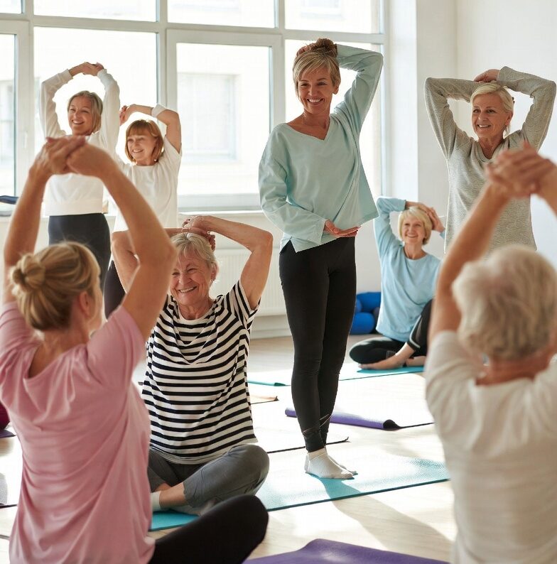 Senior woman participating in a group fitness or yoga class in independent living.