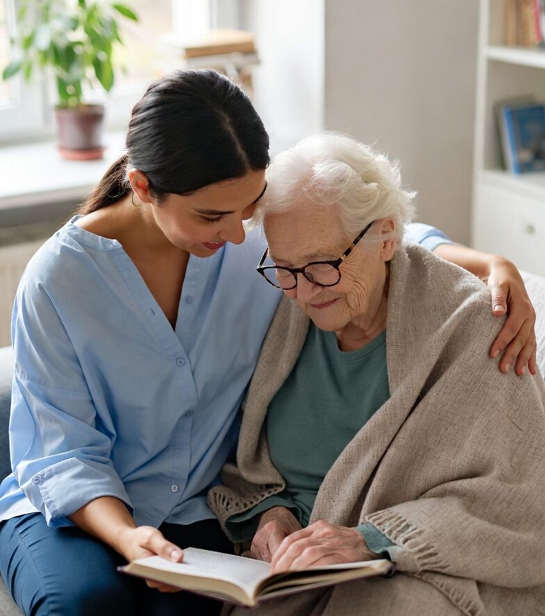 A kind caregiver spending quality time with an elderly woman during respite care – reading or chatting together.