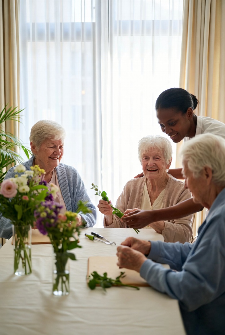 Small group activity in memory care – seniors doing light gardening or flower arranging.