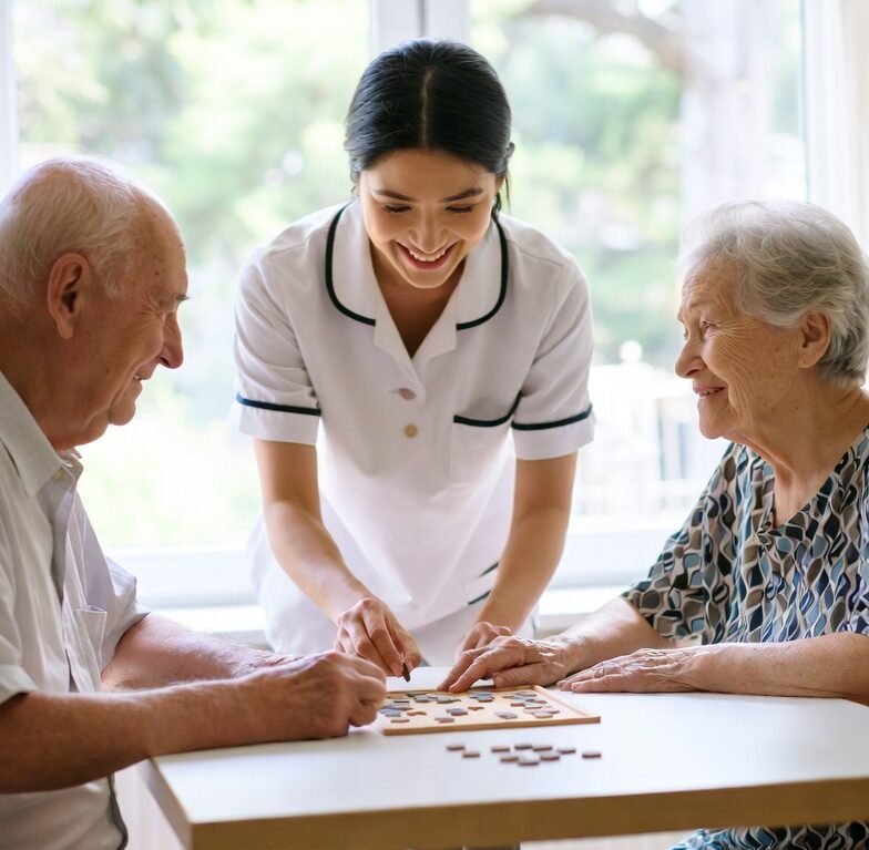 An elderly couple enjoying a gentle activity together with a caregiver in a bright assisted living common area.