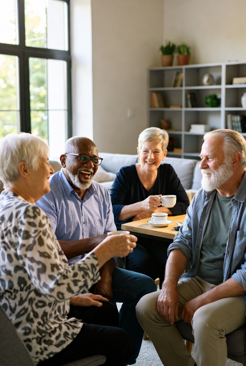 Group of seniors socializing and having coffee together in an independent living lounge.