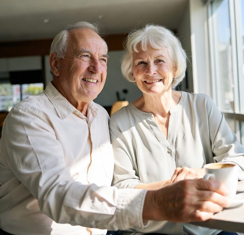 happy senior couple enjoying a relaxed moment in a sunny, modern assisted living common area or dining space in a gilroy