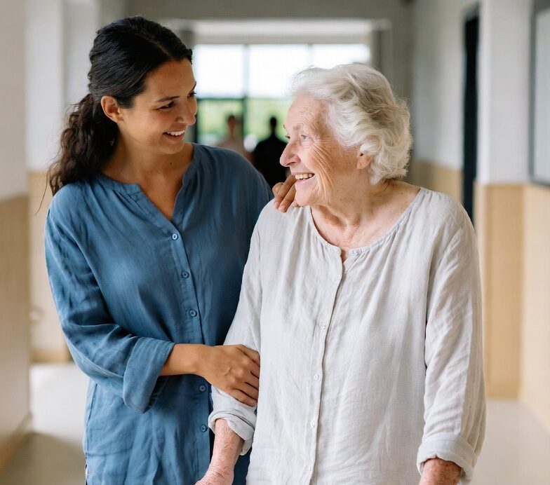 An elderly resident receiving personalized care from a staff member during a daily activity in assisted living.