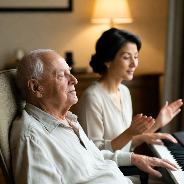 Memory care resident enjoying music therapy with a caregiver.