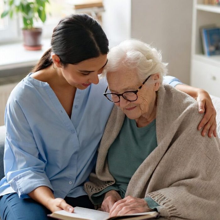A kind caregiver spending quality time with an elderly woman during respite care – reading or chatting together.