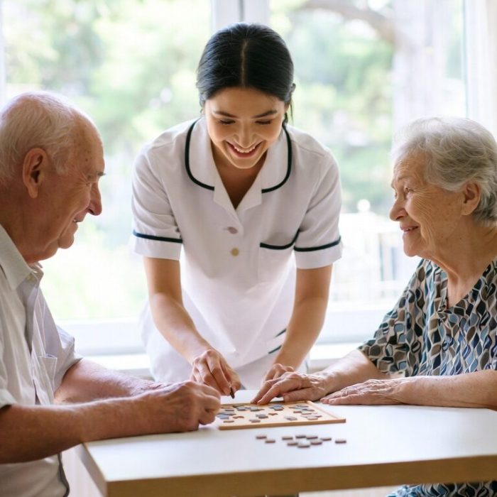 An elderly couple enjoying a gentle activity together with a caregiver in a bright assisted living common area.